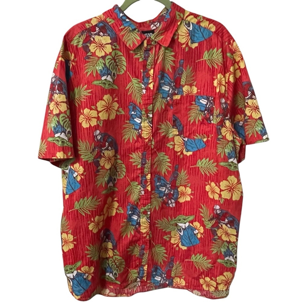 Star Wars Hawaiian Shirt Mens XXL Red Floral Baby Yoda Mandalorian Tropical